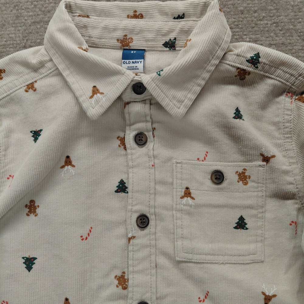 Old Navy Boys 5T Long Sleeve Christmas Print Corduroy Button Shirt Cream NEW